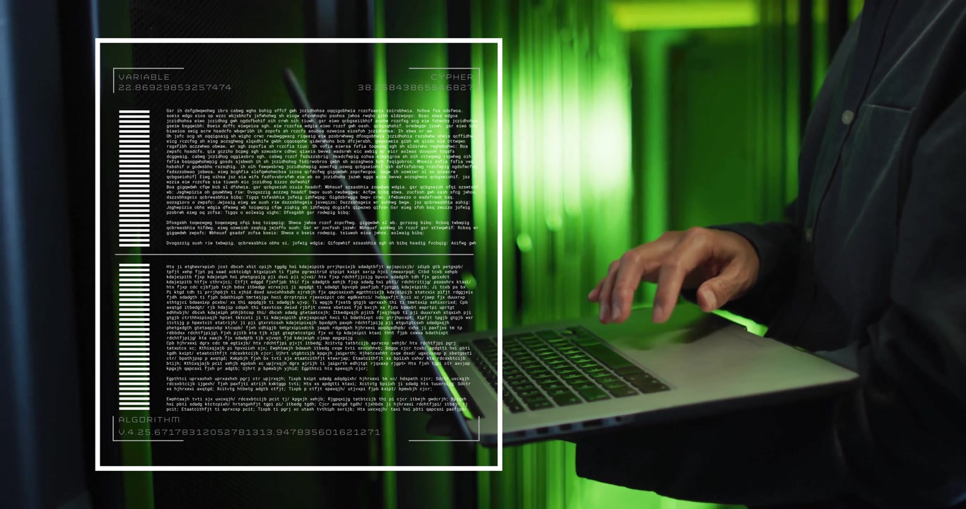 Man typing on laptop creating VARIABLE, ALGORITHM blocks on overlay, filling progress bar in tech