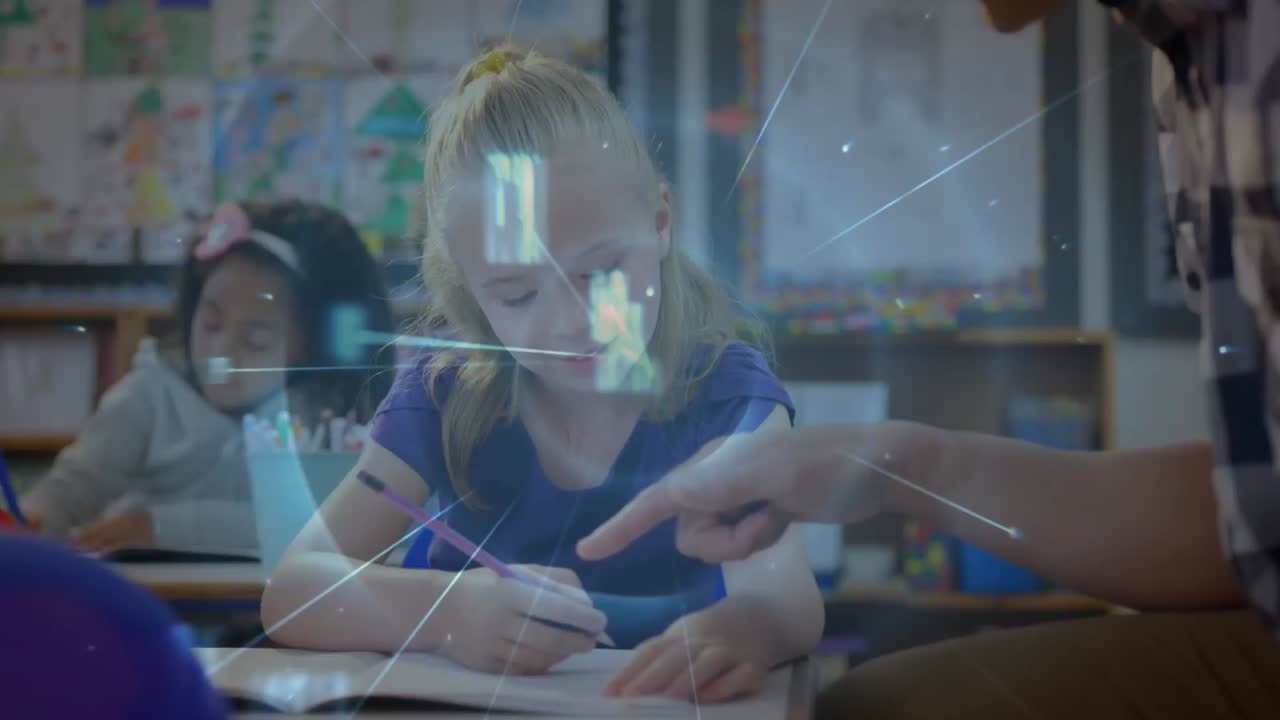 Animation of data over female teacher teaching to caucasian girl in classroom