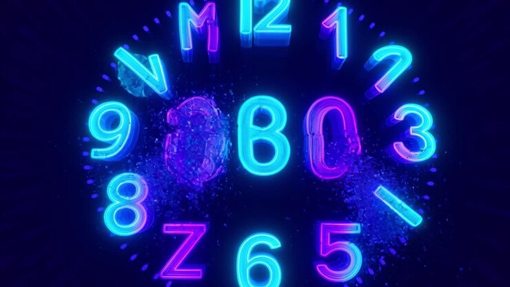 Numeri al Neon Futuristici e Ingranaggi che Esplodono in Particelle