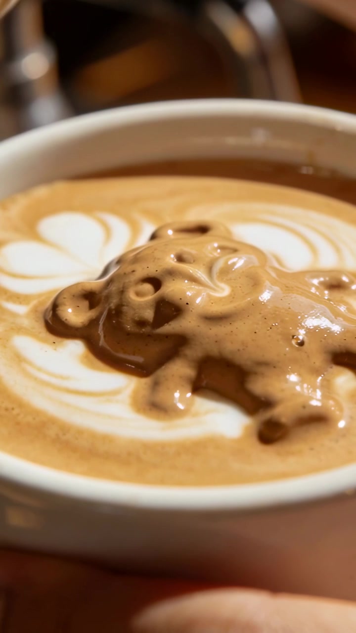 Video verticale: Lattiera di metallo che si inclina versando latte in una tazza sul bancone, mettendo in risalto la schiuma a rosetta.
