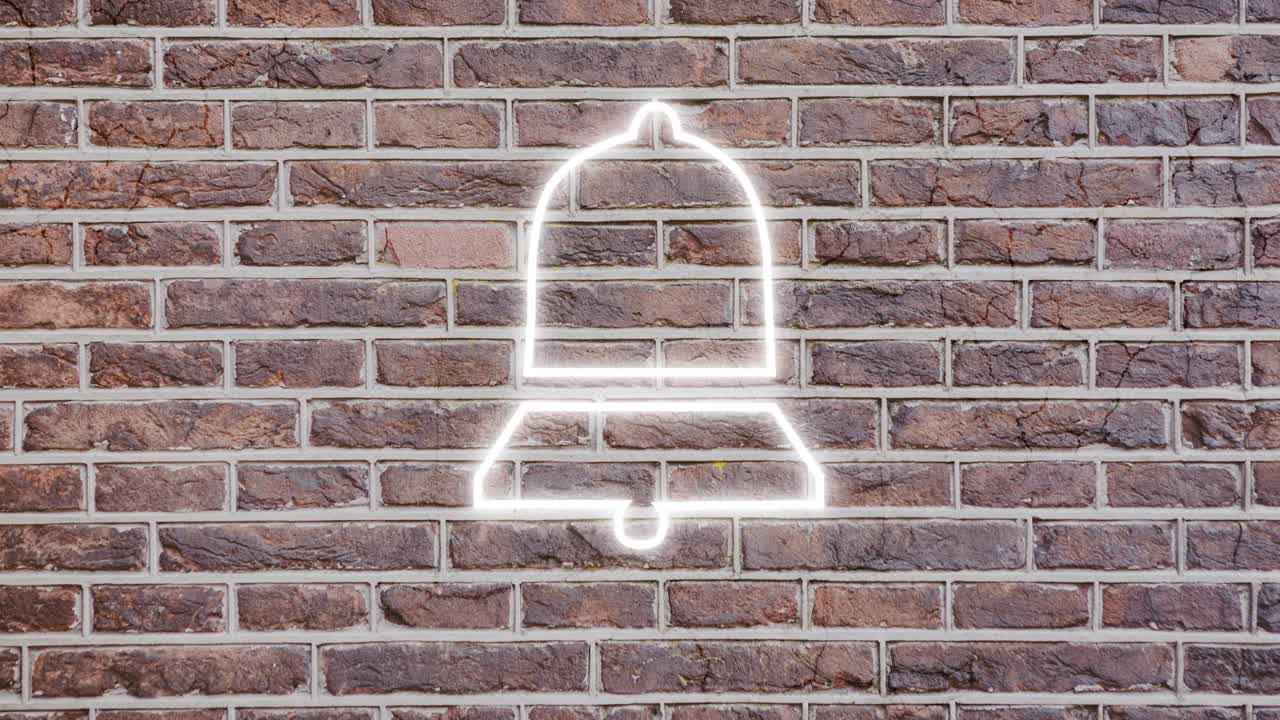 벽돌 벽에 박이는 네온 종 알림 아이콘의 애니메이션