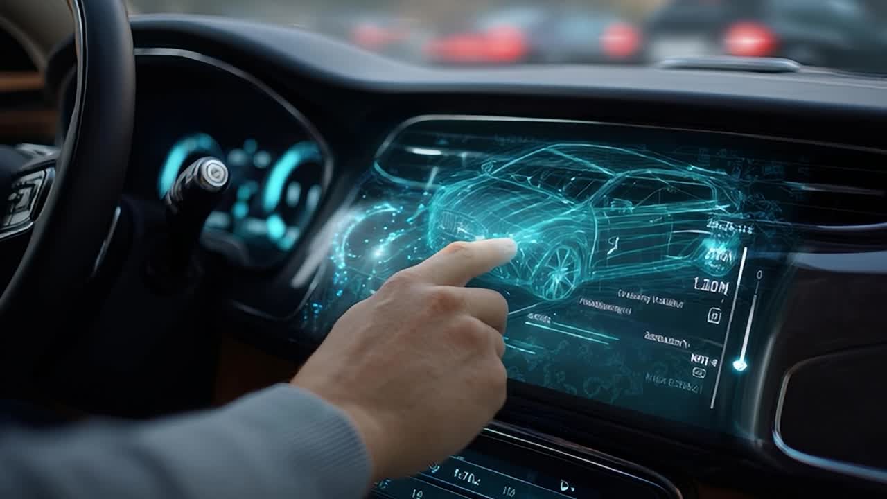 Interfaccia touchscreen che visualizza le caratteristiche dell'auto all'interno di un veicolo moderno.