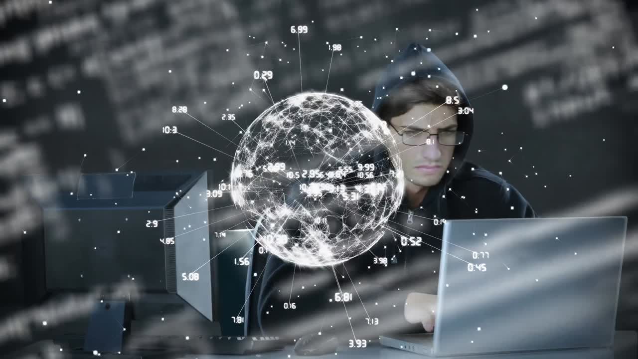 노트북을 가진 해커를 통해 연결 네트워크와 함께 지구상의 애니메이션