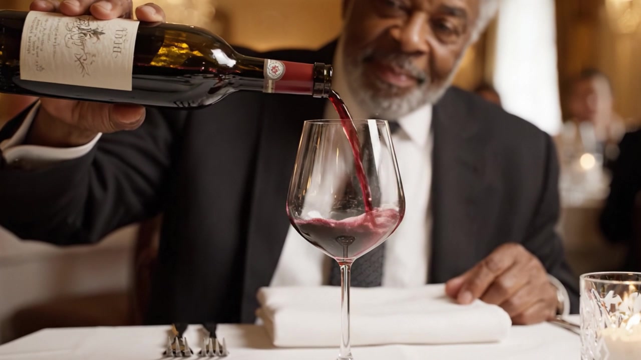 En sofistikert kveld: En gentleman nyter god vin i elegante omgivelser, og nyter smaker og aromaer av en årgangsrødvin under en luksuriøs middagsopplevelse