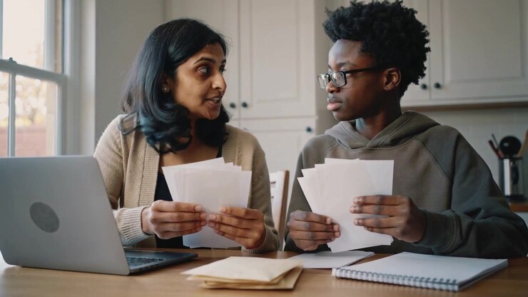 Noticing envelopes, mother in cardigan and son in hoodie sorting bills at kitchen table with laptop
