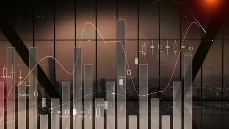 Animation-Statistischer-Daten,-Die-Sich-In-Brauntönen-über-Das-Wolkenkratzerfenster-Bewegen