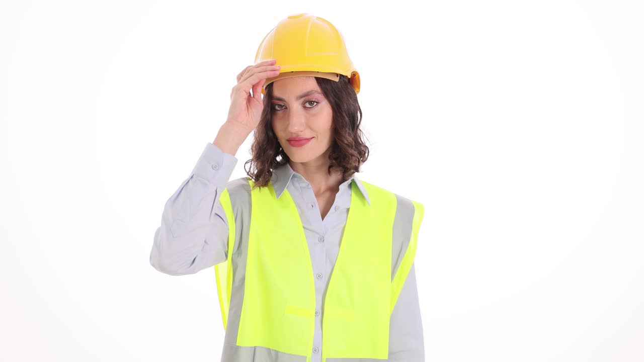 Ingeniera se ajusta el sombrero, con los brazos cruzados y una sonrisa.