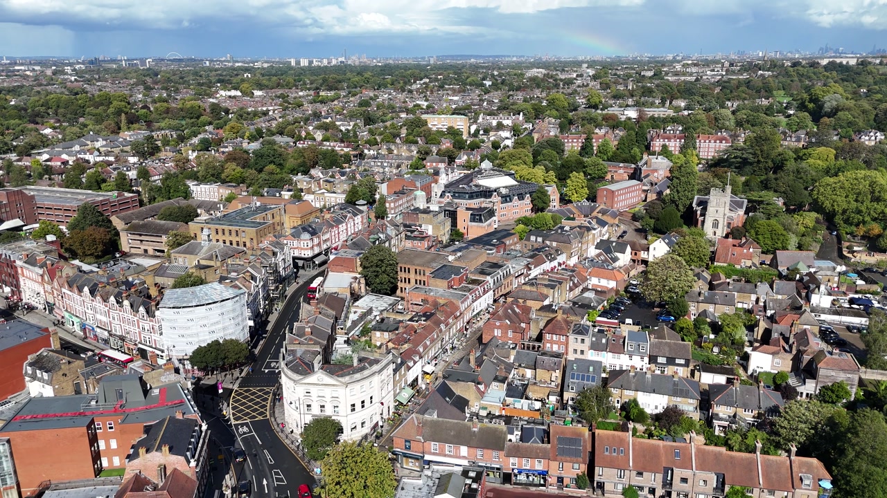 Twickenham UK drone,aerial shops in high street
