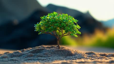 small tree growing on sandy surface. a small green tree stands alone on a sandy area, surrounded by rocks and soft sunlight in the background.