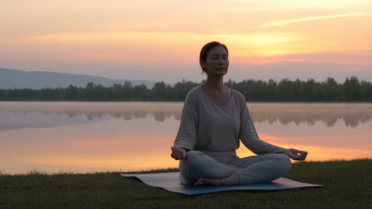 mujer meditando junto a un lago al atardecer