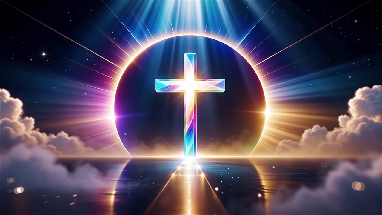 Croce Cristiana Luce Celestiale Sfondo per il Culto.