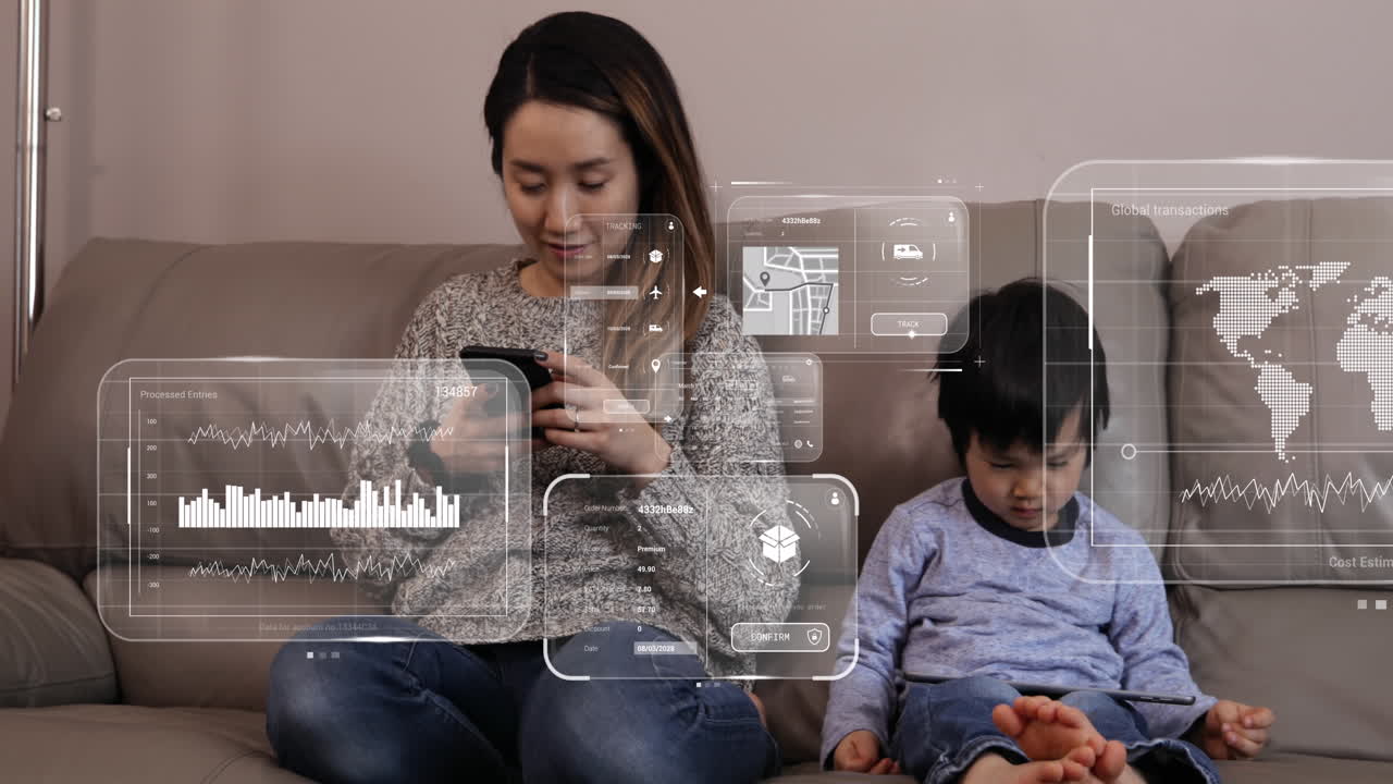 Animation of data processing over asian woman kissing her son and using smartphone at home
