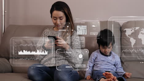 animation of data processing over asian woman kissing her son and using smartphone at home