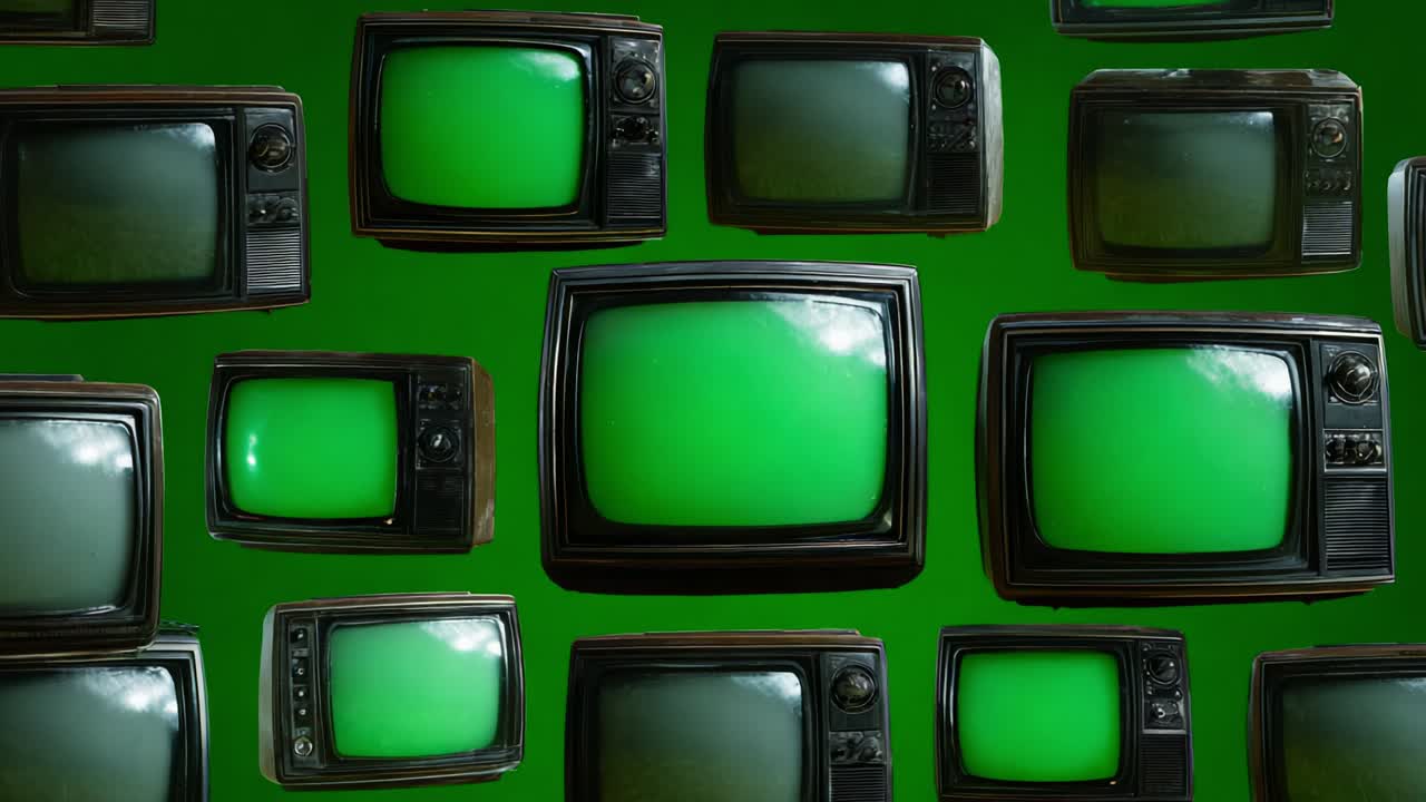 A Collage of Vintage Television Sets with Green Screens Over a Vibrant Green Background, Highlighting the Nostalgia of Retro Electronics and Their Unique Design Aesthetic Captured in Two Distinct Frames