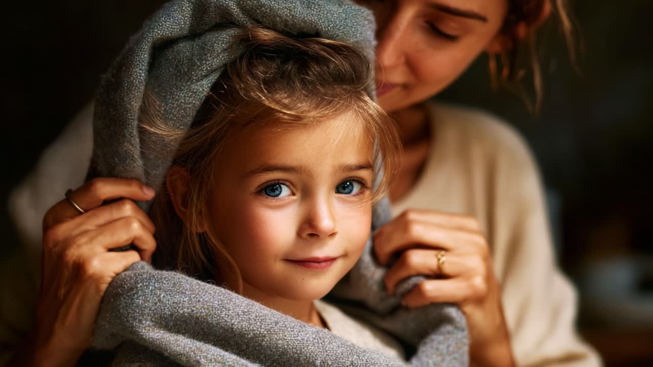 Un momento toccante: un tenero legame tra una madre e sua figlia mentre si scambiano un abbraccio affettuoso avvolte in una morbida coperta di peluche in un sereno ambiente interno