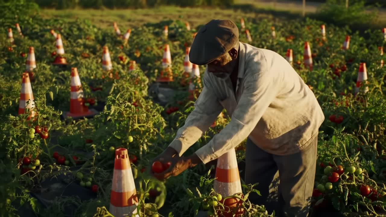 A dedicated farmer tending to vibrant tomato plants in a field, carefully adjusting protective cones to ensure optimal growth and production under the warm sunshine