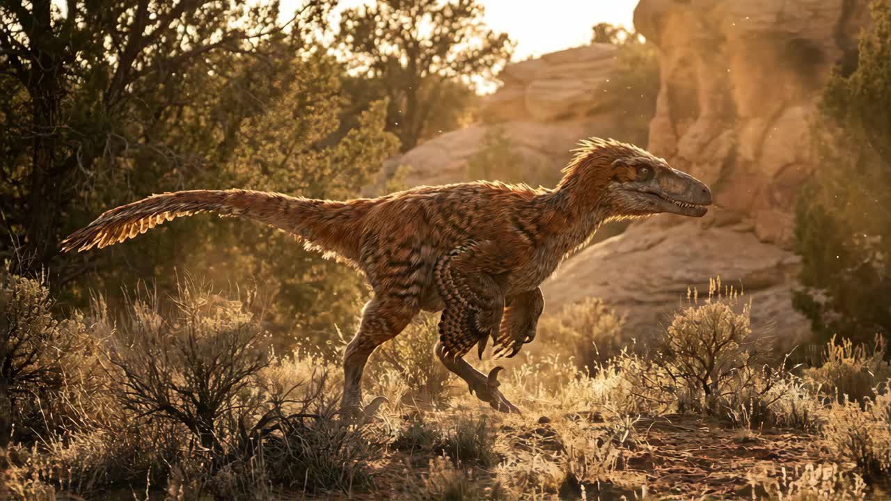 En raptor som løper i et ørkenmiljø