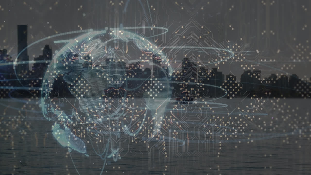 컴퓨터 회로판과 도시 풍경 위의 지구의 애니메이션