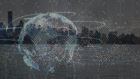 animation of computer circuit board and globe over cityscape