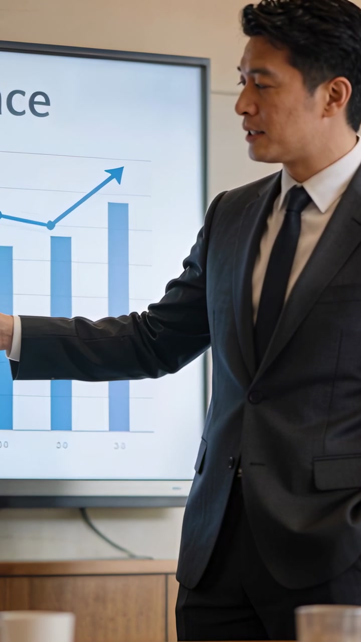 Vertical video: Presenter pointing at display, explaining sales as blue bars rising on screen