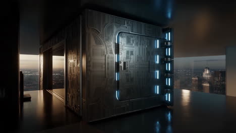 futuristic sci-fi vault door in a high-rise with city skyline view