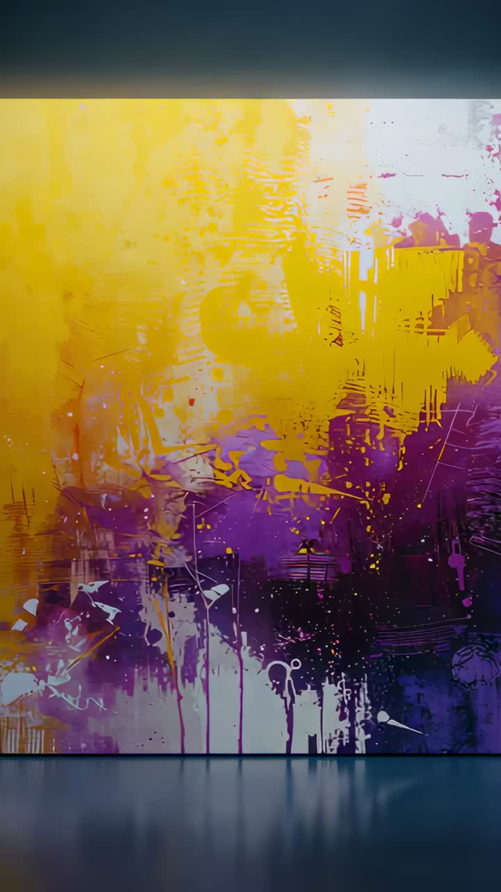 Vertical video: Camera panning canvas revealing textures blending yellow into purple in gallery