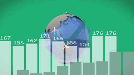 Animación-Del-Procesamiento-De-Datos-Estadísticos-Y-De-Iconos-De-Aviones-Sobre-Un-Globo-Giratorio-Sobre-Fondo-Verde