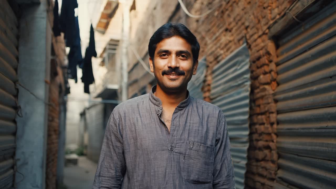 Portrait of a smiling Indian man standing in a vibrant yet impoverished neighborhood, surrounded by hanging clothes and metallic shutters, capturing the essence of daily life