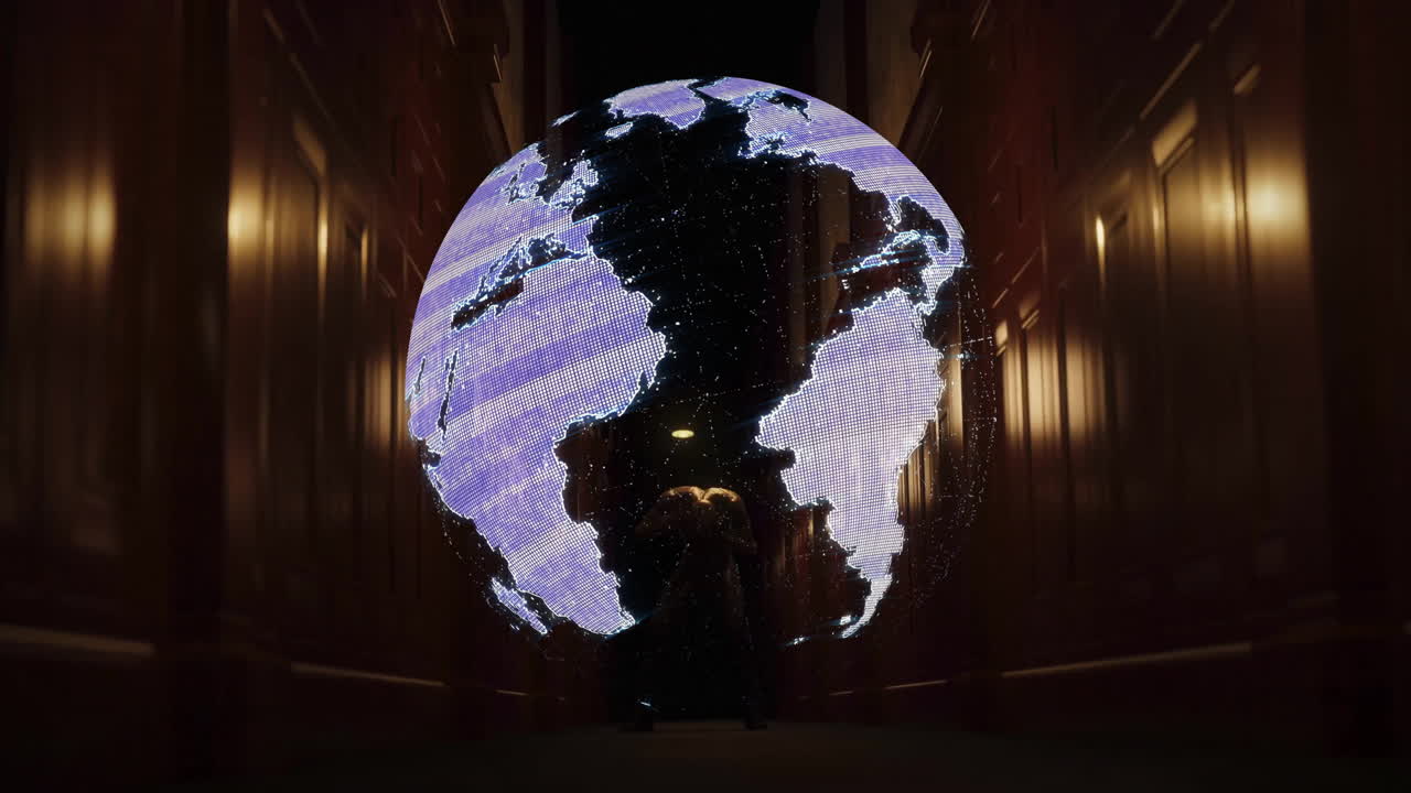 Animation of digital globe projection with continents in dimly lit corridor