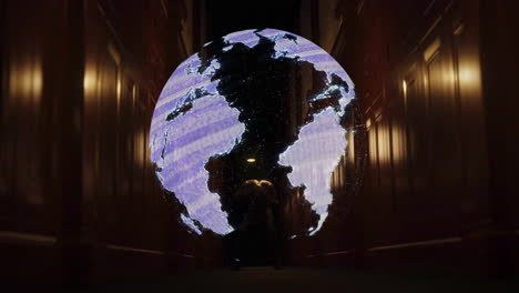 animation of digital globe projection with continents in dimly lit corridor
