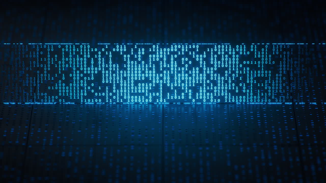 Technology circuit board with glowing binary data, 3d rendering