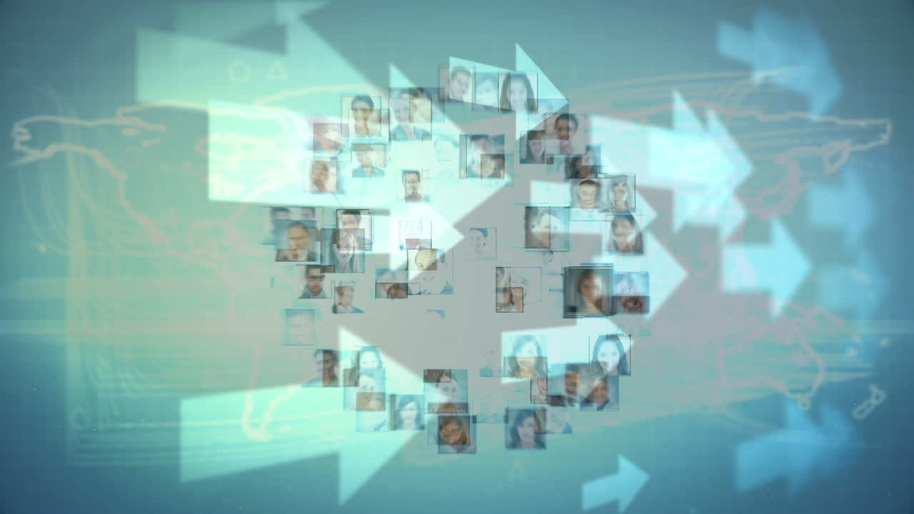 Animazione di frecce su foto di persone diverse che ruotano in uno spazio blu