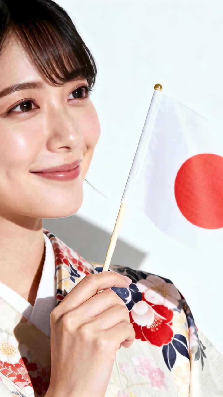Video verticale: modello con kimono che, mentre la camera riprende, tiene una bandiera a disco rosso sulla guancia, in posa