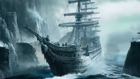 a ship in the middle of a frozen ocean with people on it