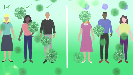 covid-19 cells floating over people maintaining social distancing on green gradient background