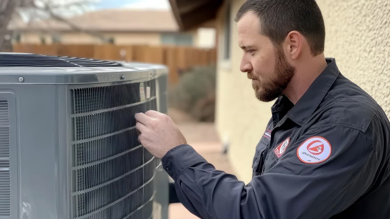 A close-up, side-angle shot of a technician inspecting an air conditioning unit, ideal for a how-to