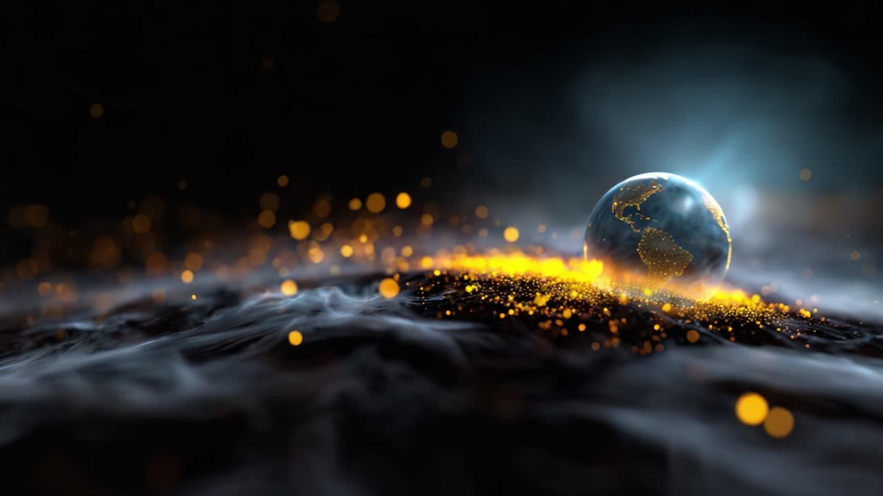 Een betoverende kosmische scène die een gloeiende planeet te midden van wervelende wolken en sprankelende deeltjes weergeeft, die schittering uitstraalt tegen een donkere achtergrond