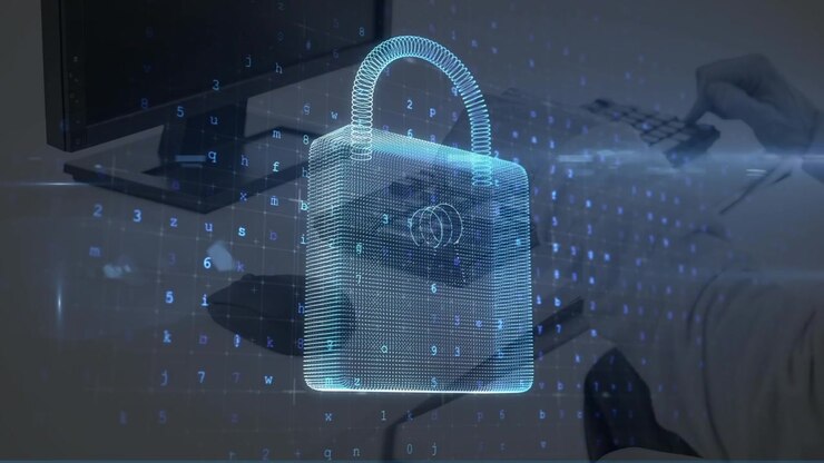 Animation of digital padlock and numbers over man using computer in office