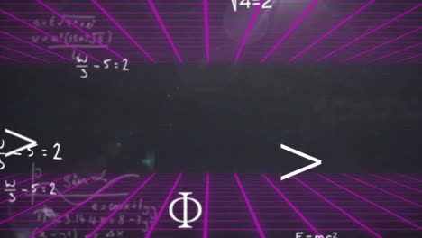 animación de ecuaciones y símbolos matemáticos con cuadrícula iluminada moviéndose sobre fondo negro