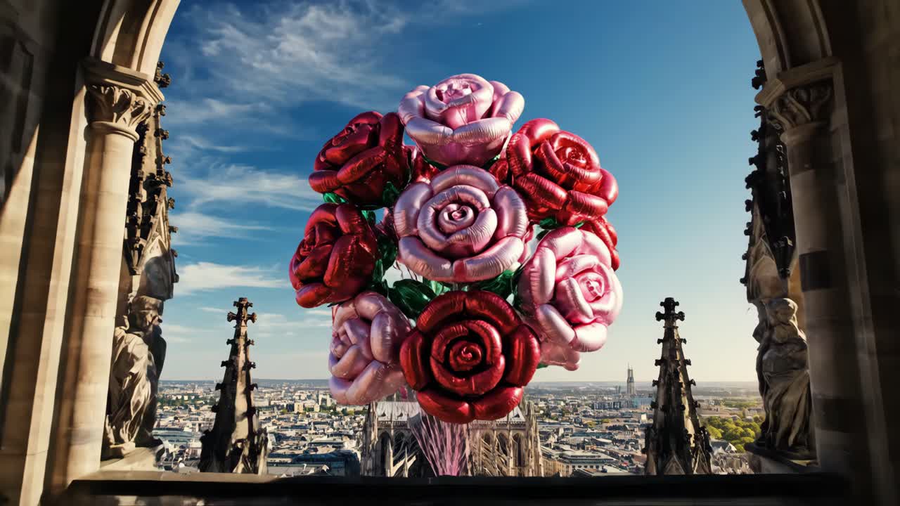 Rose Bouquet Balloons Over City Cathedral