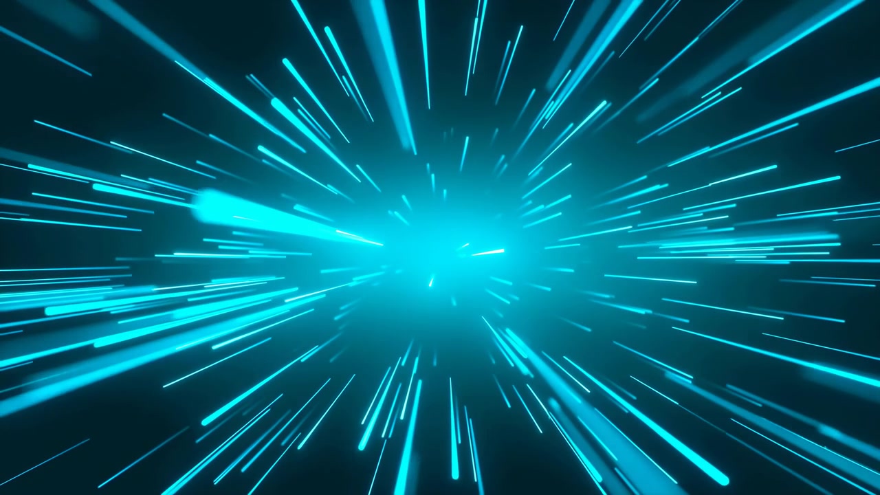 Bright cyan light beams burst outward from the center across a dark abstract background, creating a fast futuristic energy effect with strong depth, motion, and contrast