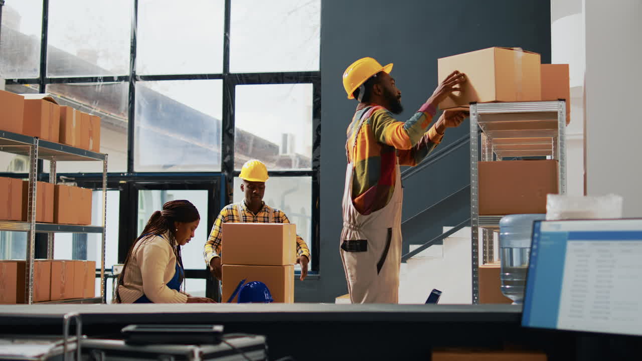 Warehouse workers organizing boxes