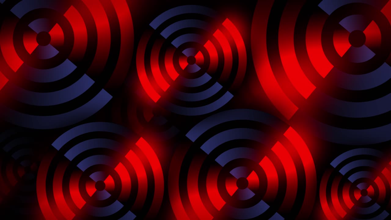 Roterende neoncirkler danner levende streger som en målskive af glødende former i dynamisk 3D-rendering animationsillusion på en mørk gradientbaggrund, bevægelsesgrafik og visuelle effekter i farverne rød og blå.