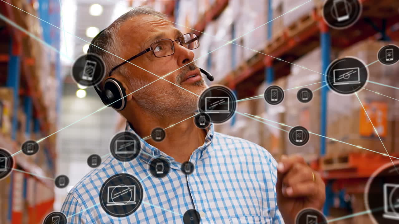 animación de una red de iconos sobre un hombre caucásico supervisor superior comprobando las existencias en el almacén