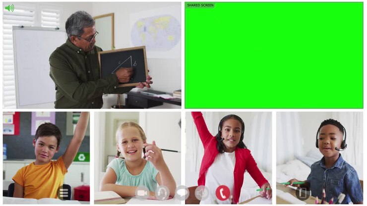 Animazione di videochiamata con schermo verde, un insegnante di diverse etnie e quattro bambini in una lezione online.