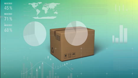 cardboard box with recycling symbols over logistics and data analysis animation