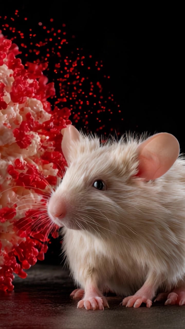 Rappresentazione dettagliata di un topo da laboratorio in stretta vicinanza a una rappresentazione microscopica di un virus, evidenziando la ricerca scientifica e l'interazione biologica.