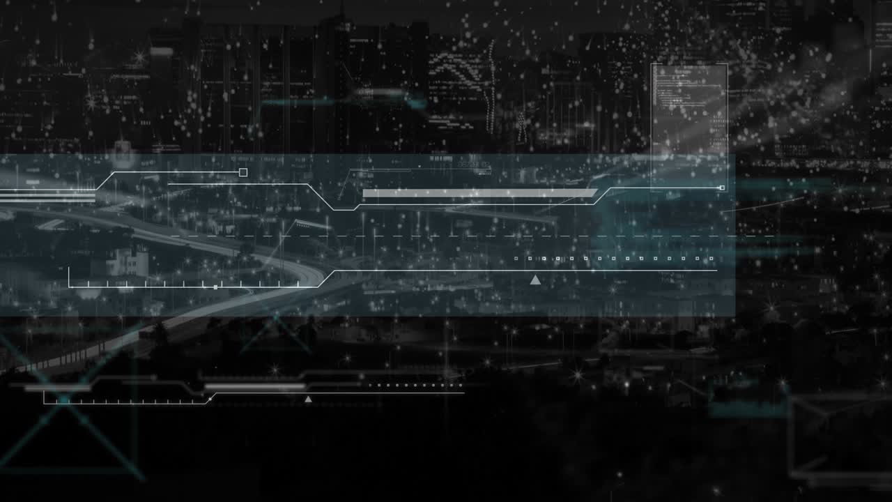Animation of markers and financial data processing over cityscape