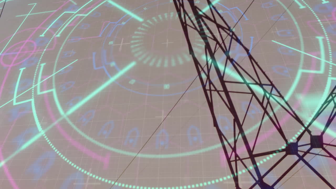 Lattice power tower dominating right side while neon HUD overlays pulsing across sky grid