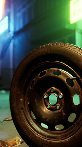 closeup of a rusty spare tire on the street at night